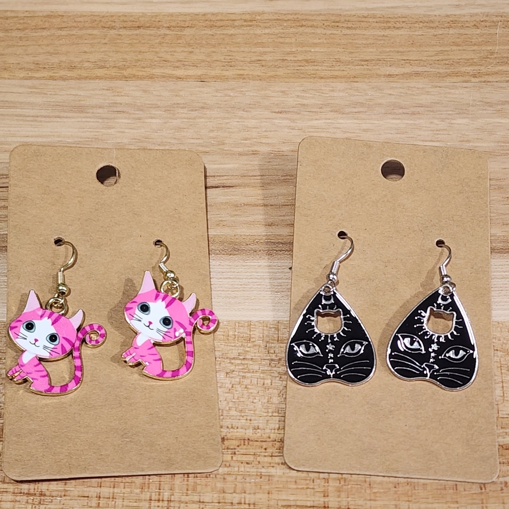 Handmade Black Cat With Ouija Eye Shape Pink Tiger Cat Enamel Metal Earrings Set